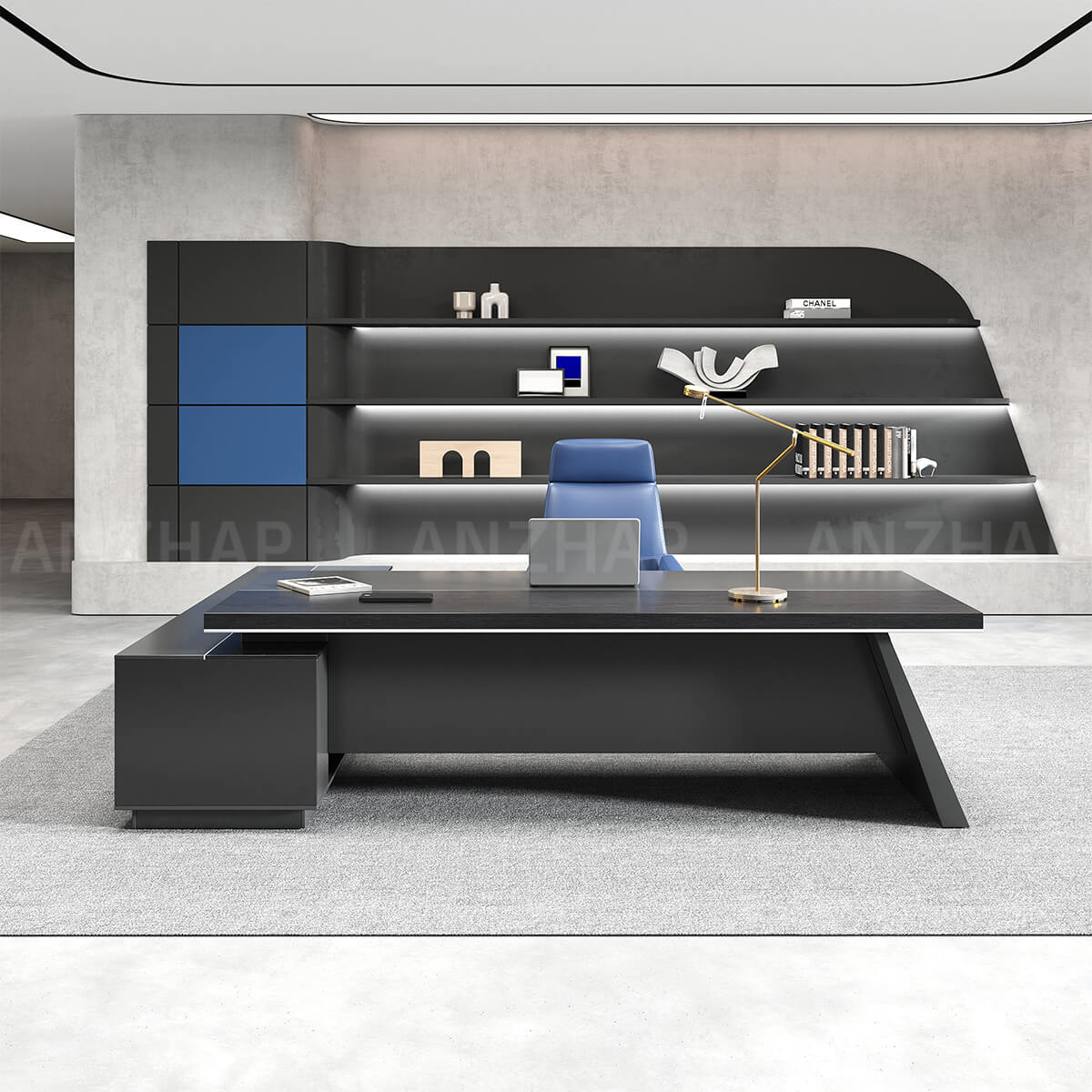 Black Executive Desk with L-Shaped Return and Storage - ANZHAP LBZ-2189 Main picture 9