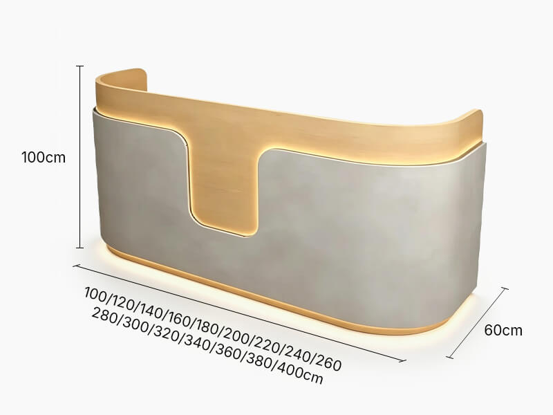 Contemporary Curved Reception Desk with LED Lighting - Dimensions