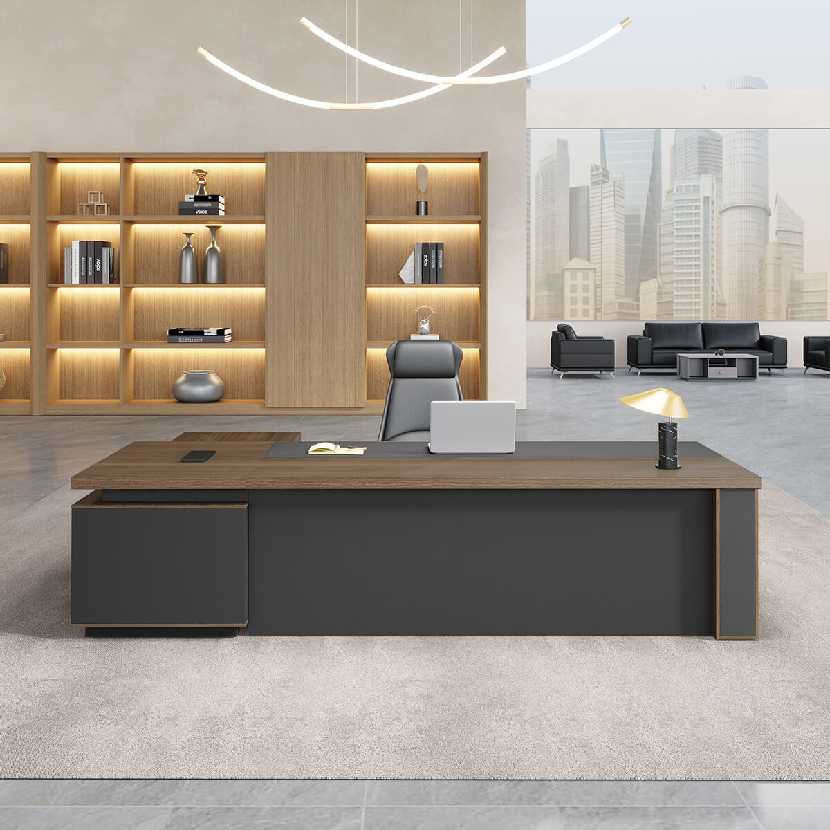 L-Shaped Walnut Executive Desk with Power Outlet and Storage - ANZHAP LBZ-2143 Main picture 8
