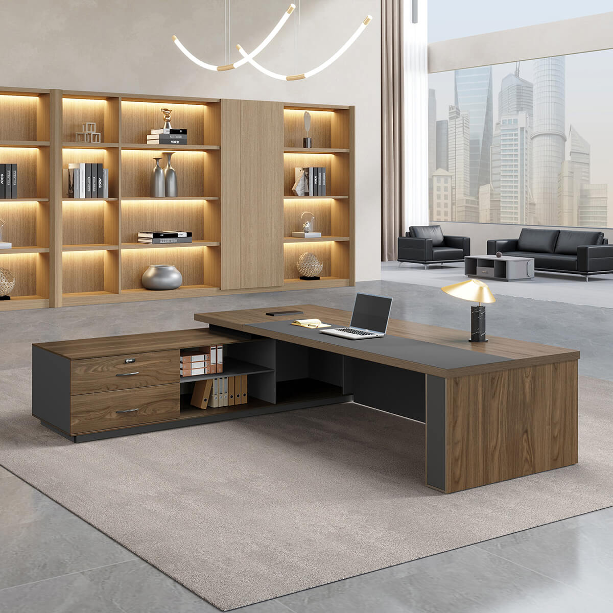 L-Shaped Walnut Executive Desk with Power Outlet and Storage - ANZHAP LBZ-2143 Main picture 9