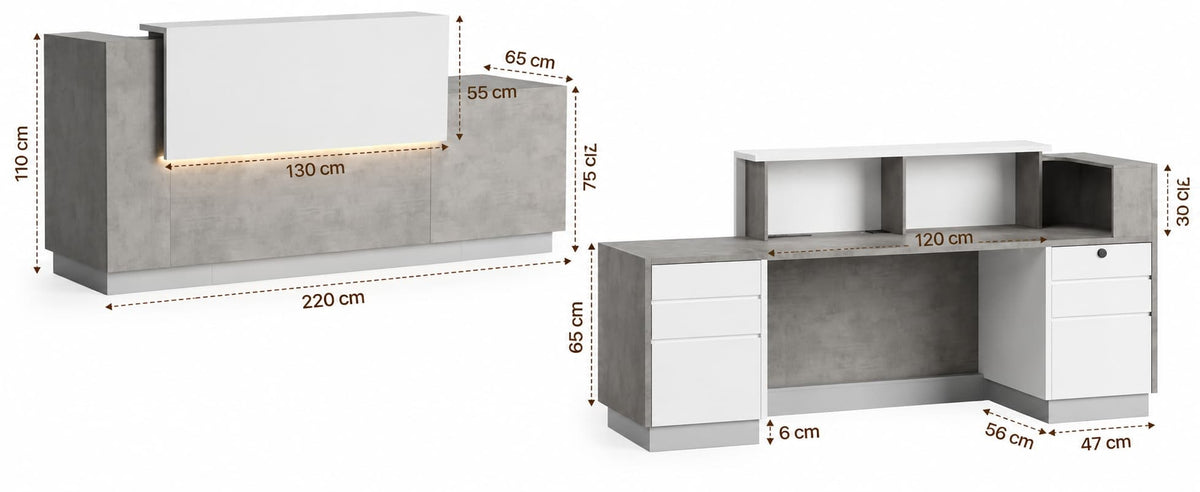 Modern Front Desk for Office with LED Light & Lockable Storage - Dimensions