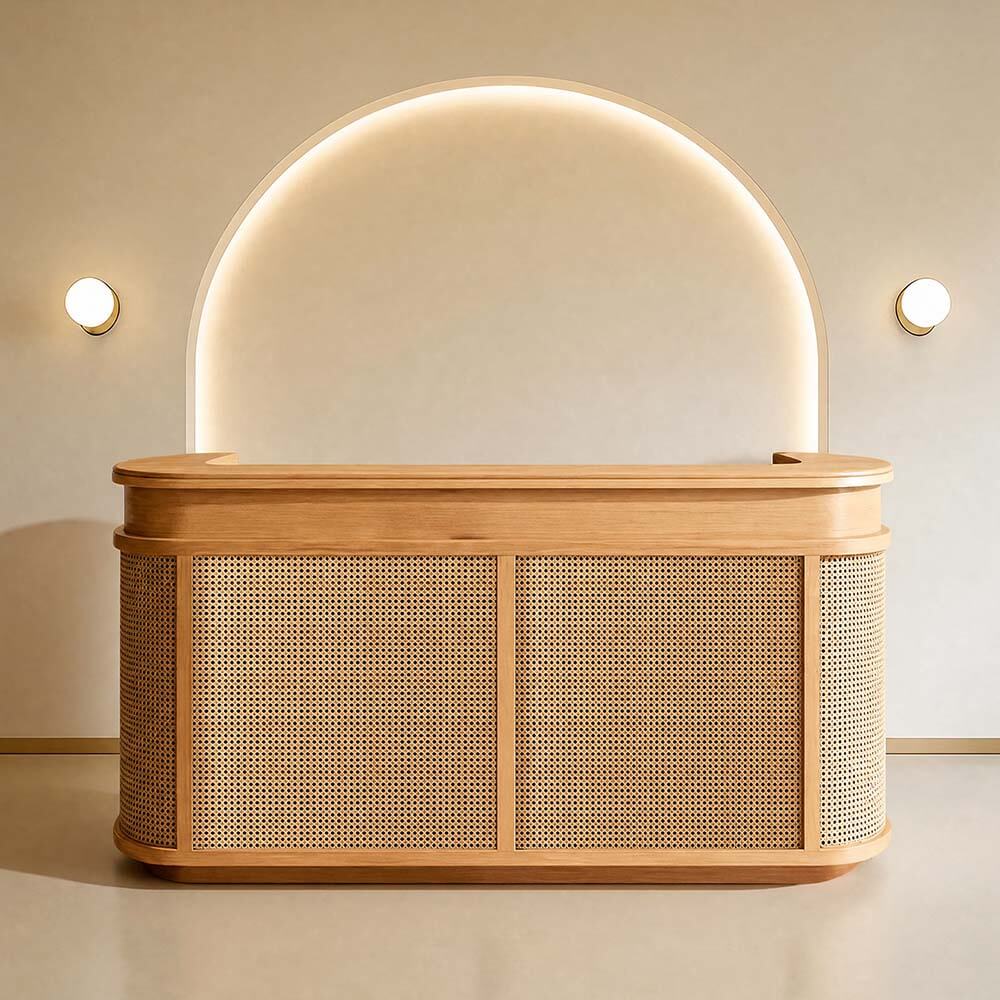 Vintage Curved Wood Reception Desk Welcoming Counter for Salon