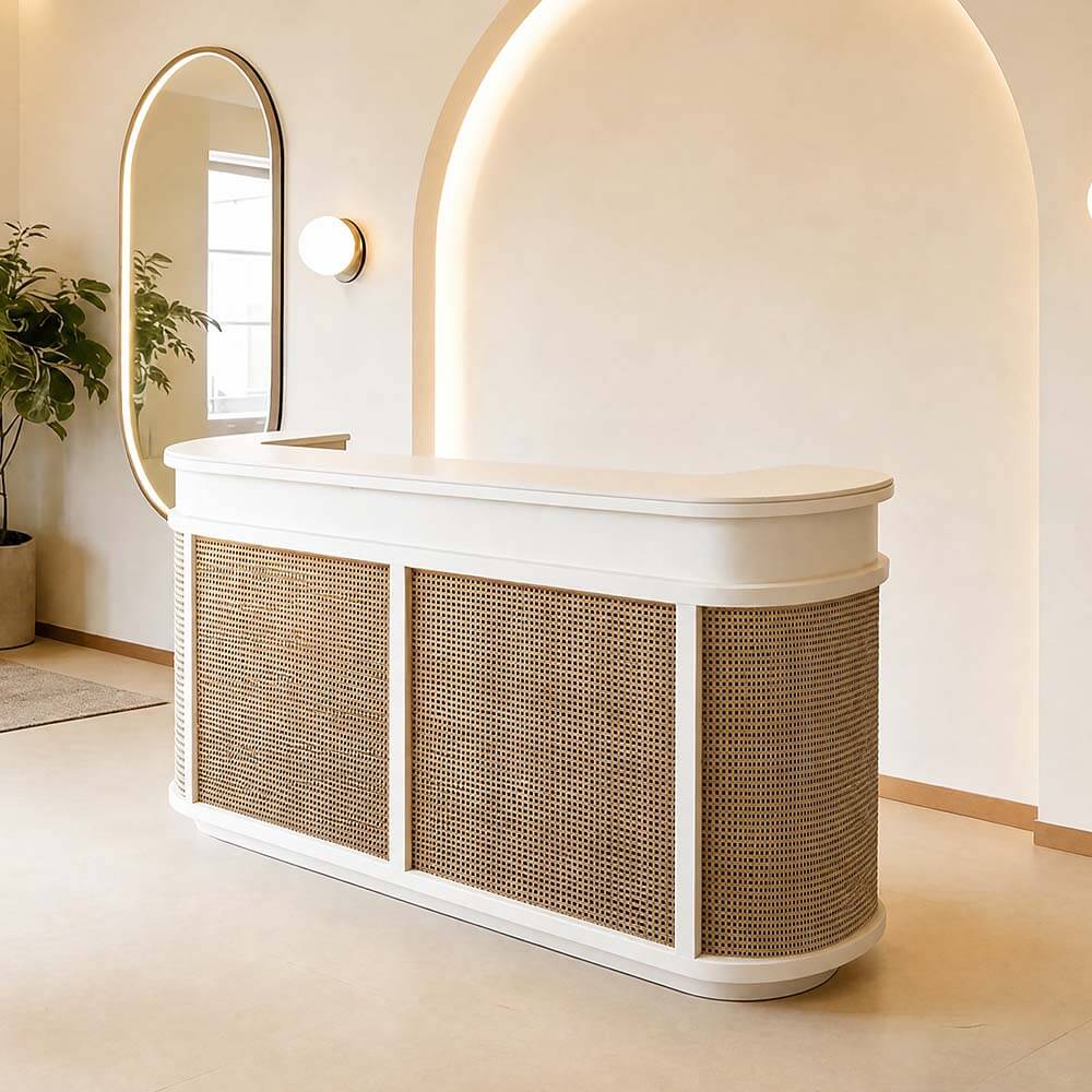Vintage Curved Wood Reception Desk Welcoming Counter for Salon